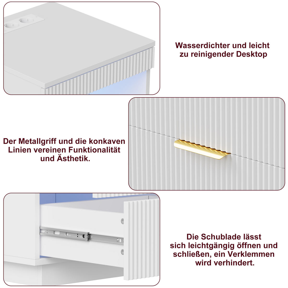 NACHTSHRANK Weiß mit LED-Beleuchtung, Steckdose, USB & Type-C, Nachttisch mit 2 Schubladen, 40/40/60 cm - Goldfarben/Weiß, Holz/Metall (40/60/40cm) - BPKADHY