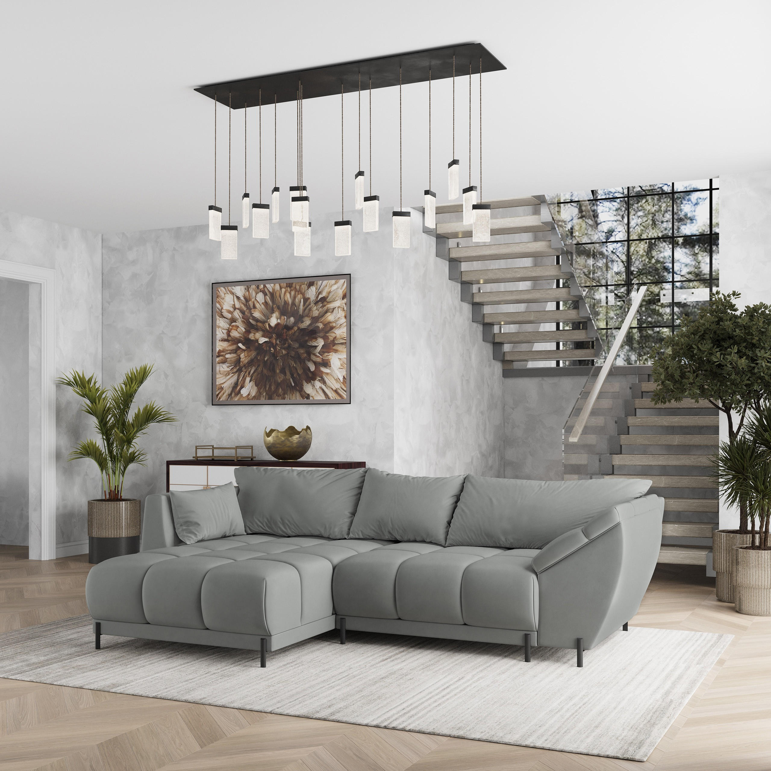 ECKSOFA VESTANO L-S Grau Velours-Stoff mit Schlaffunktion - Grau, Holz (287/182cm) - MASSENO