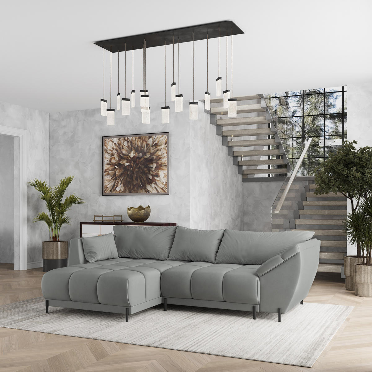 ECKSOFA VESTANO L-S Grau Velours-Stoff mit Schlaffunktion - Grau, Holz (287/182cm) - MASSENO
