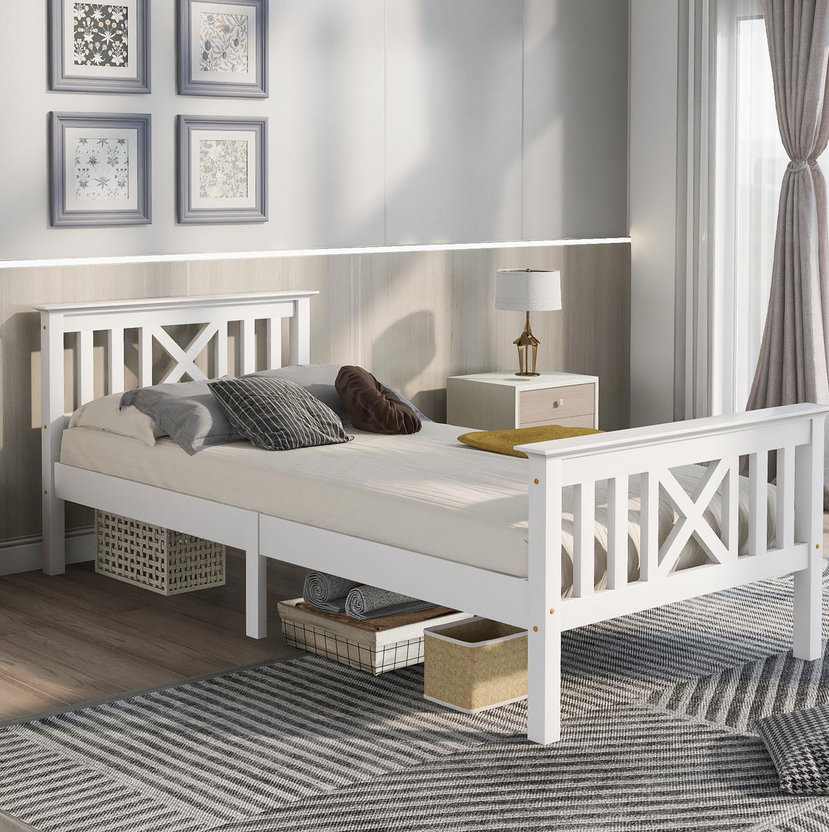 BETT 90/200 cm Weiß aus Massivholz mit X-förmigem Kopfteil - Weiß, Holz (90/200cm) - OKMYHOME