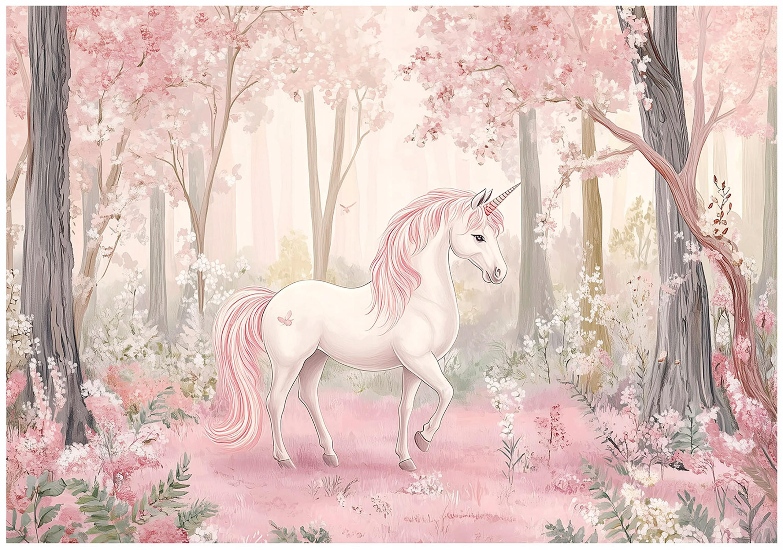 FOTOTAPETE Kinderzimmer Mädchen Einhorn Wald 400x280 - Multicolor, Papier (400/280cm) - Wallarena