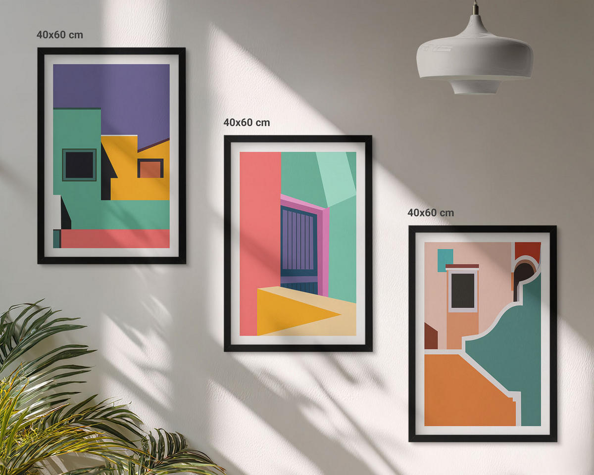 BILDER SET 3er Set - 40x60 cm Schwarzer Rahmen - Farbenfrohe Illustrationen der Stadt - Schwarz, Kunststoff (40/60cm) - TULUP