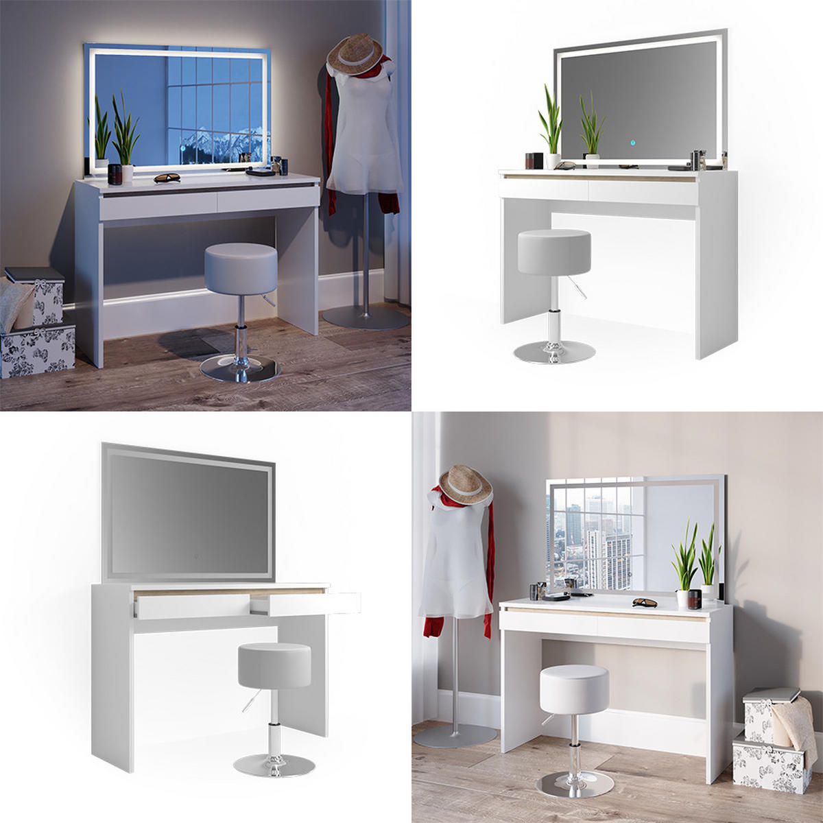 SCHMINKTISCH Emma Weiß 120 cm mit LED-Spiegel und Hocker - Weiß, Holzwerkstoff (120/83/41.8cm) - Vicco