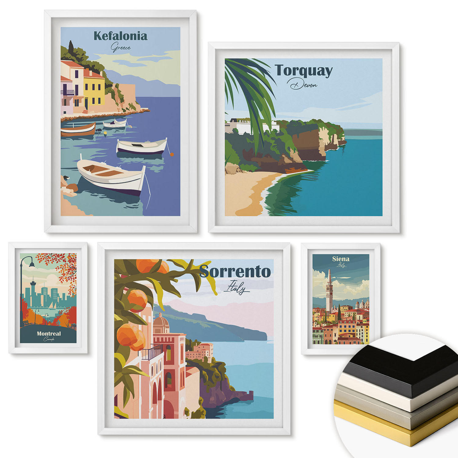 WANDBILDER 5er-Set - 50x50 cm & 20x30 cm & 40x60 cm Weißer Rahmen - Retro-Illustrationen berühmter Orte - Weiß, Kunststoff (40/60cm) - ArtPrintCave