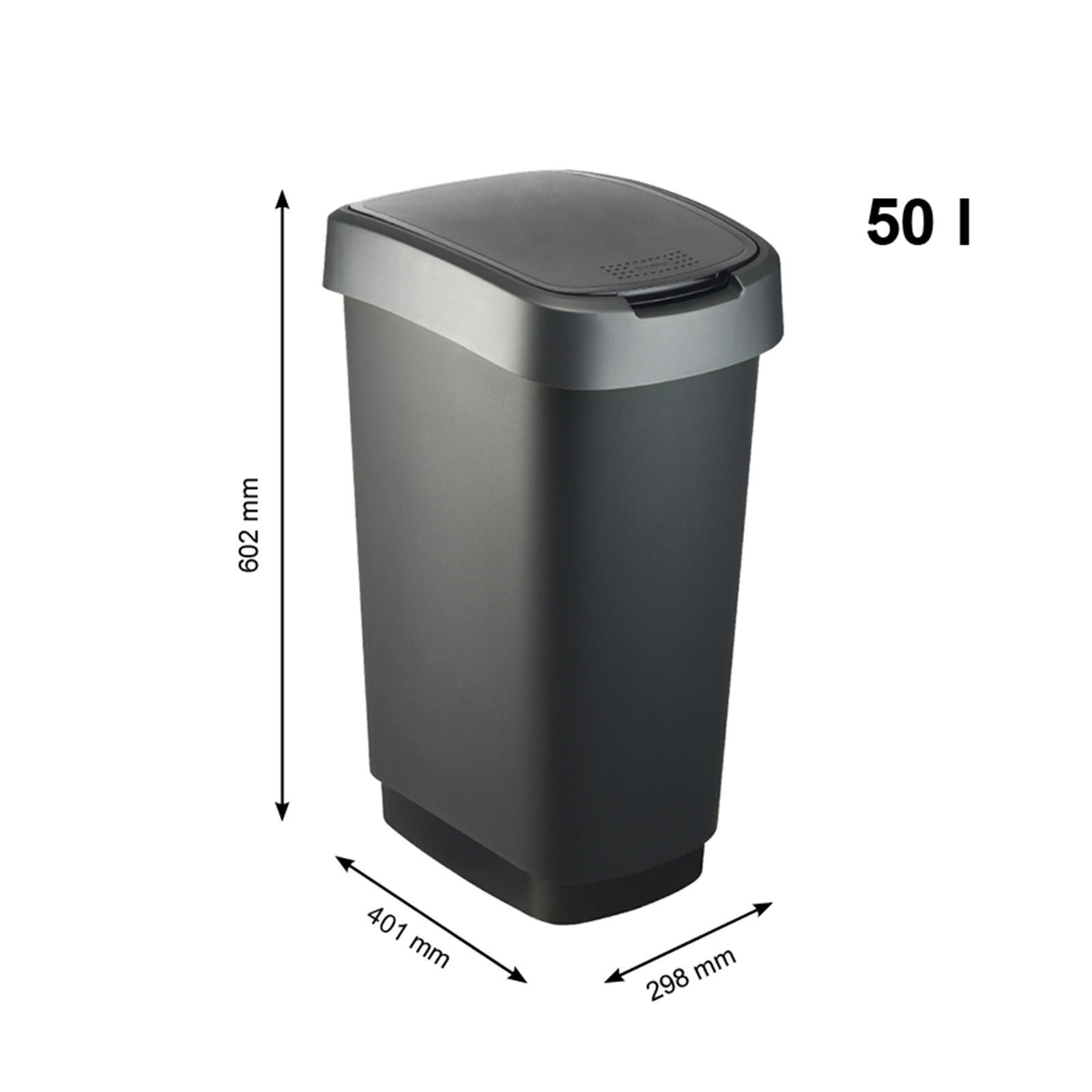 MÜLLEIMER 50 Liter 60x29,8x40 cm Kunststoff Schwarz-Silber - Schwarz, Kunststoff (29.8/60.2/40.1cm) - PROREGAL