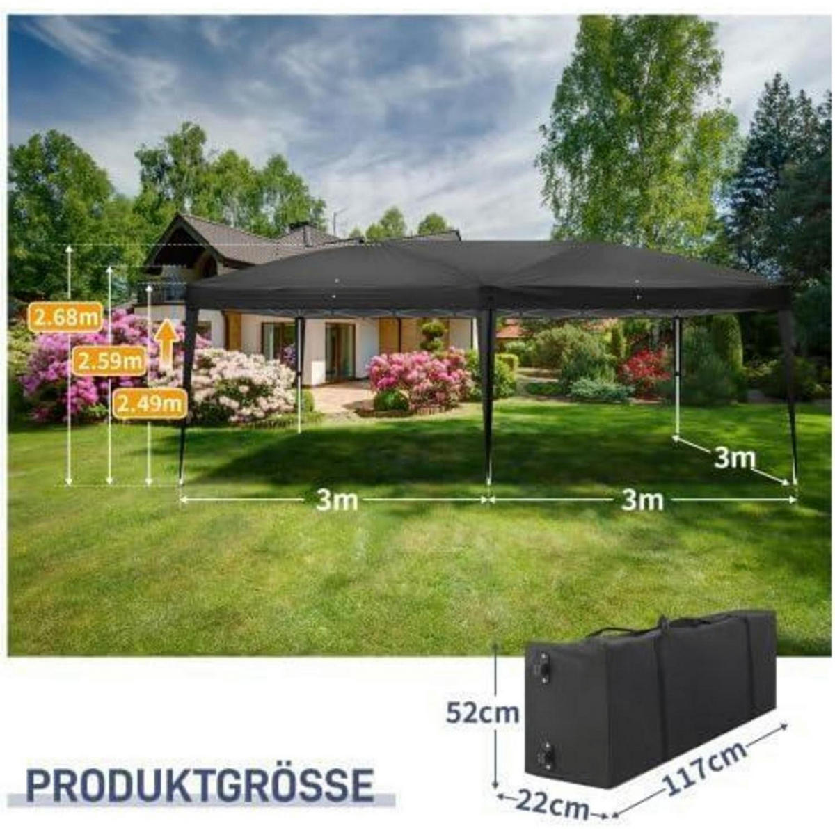 GARTENZELT 3x6m Höhenverstellbar Wasserdicht mit 6 Seitenteilen Schwarz - Schwarz, Textil (300/255/600cm)