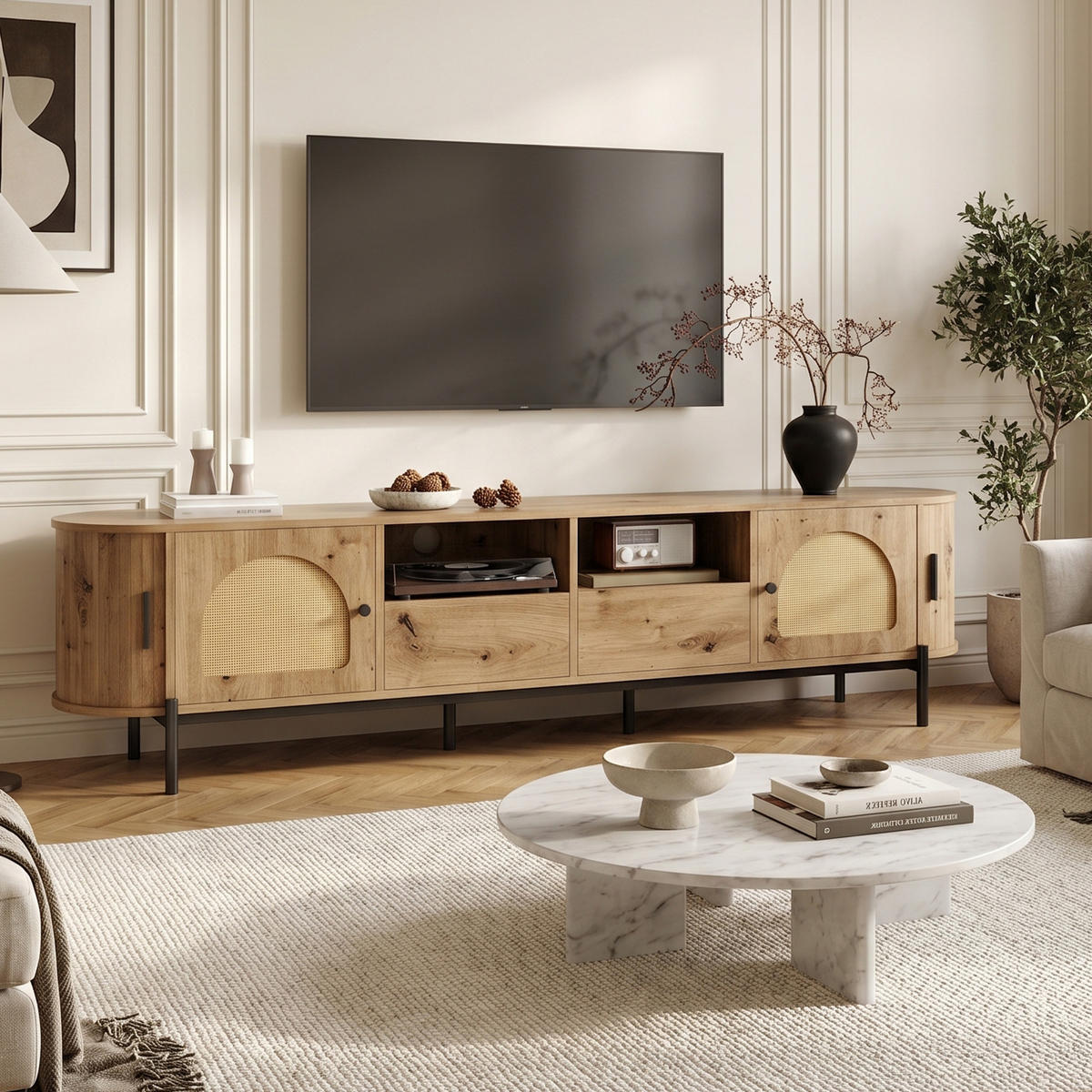 TV-LOWBOARD in Holzoptik mit Rattan, ovale Form und viel Stauraum - Naturfarben, Holzwerkstoff (200/49.5/40cm) - Urban Meuble