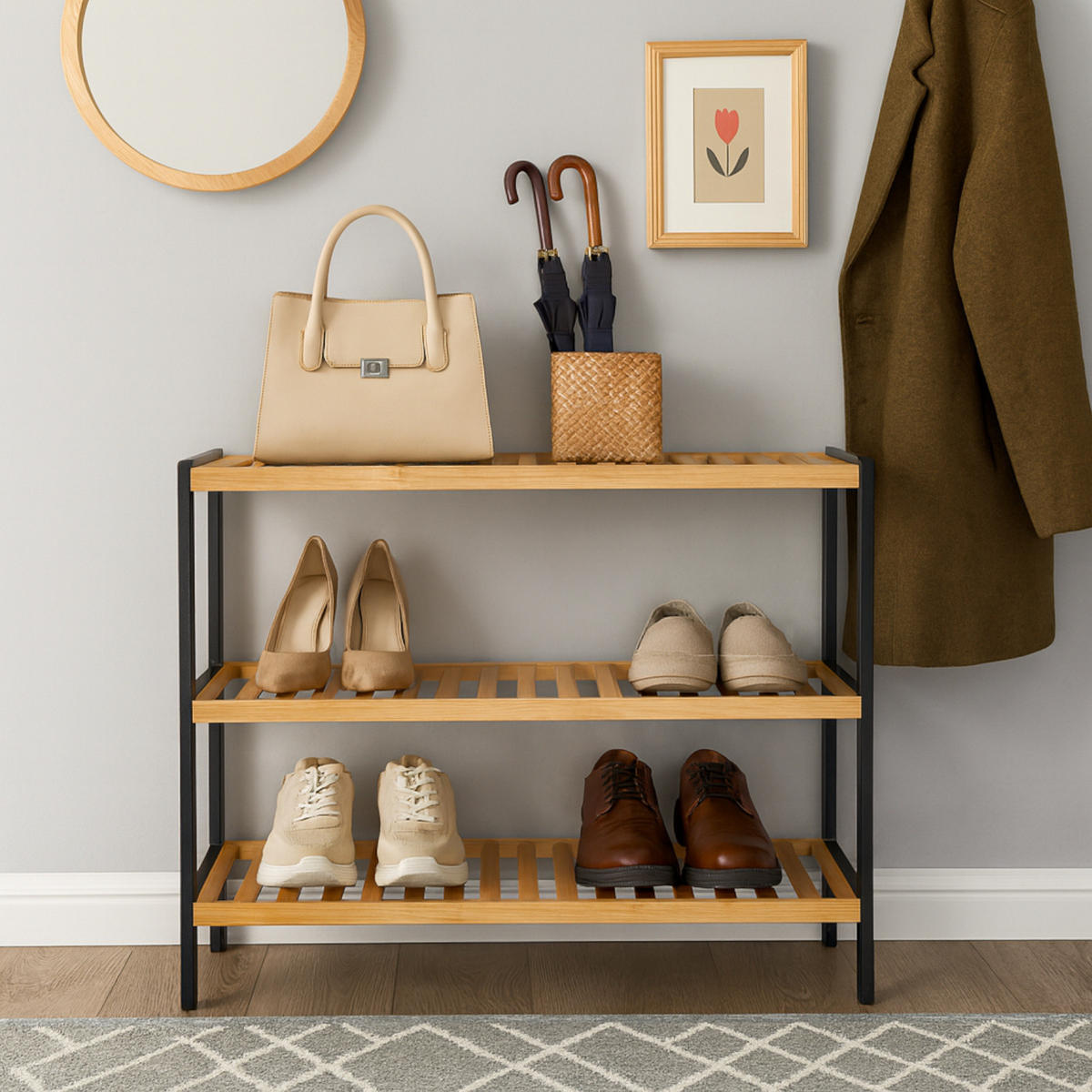 SCHUHREGAL Bambus Schwarz Naturfarben 3 Ablahen 70/26/55 cm - Hellbraun/Schwarz, Holz (70/55/26cm) - Begryf