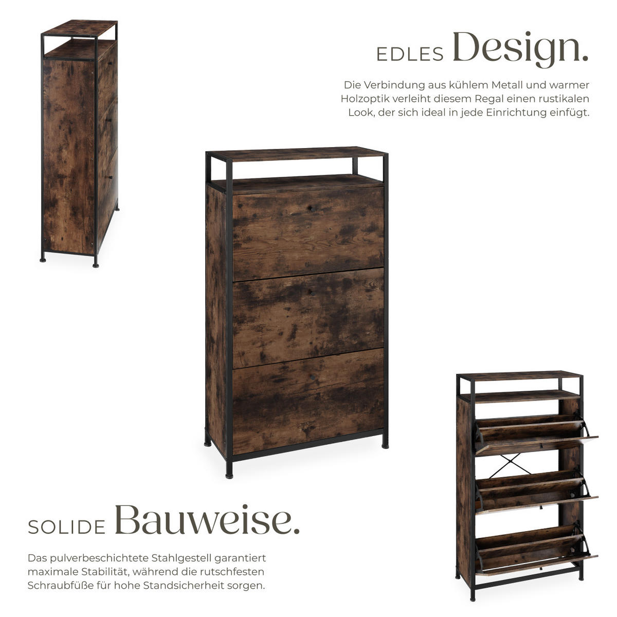 SCHUHSCHRANK Braddock,inklusive Kippschutz, 61 x 32 x 130 cm,Industrial Holz dunkel, rustikal - Rostfarben, Holzwerkstoff (32/130/61cm) - tectake