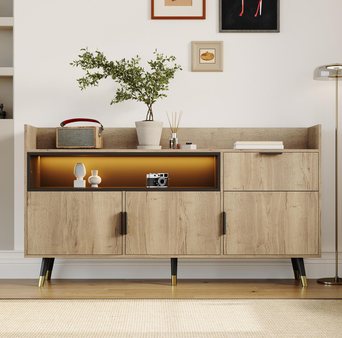 SIDEBOARD 160/35/82 cm naturfarben aus Holzwerkstoff mit LED, Schublade und Türen - Naturfarben, Holzwerkstoff (160/82/35cm) - OKWISH
