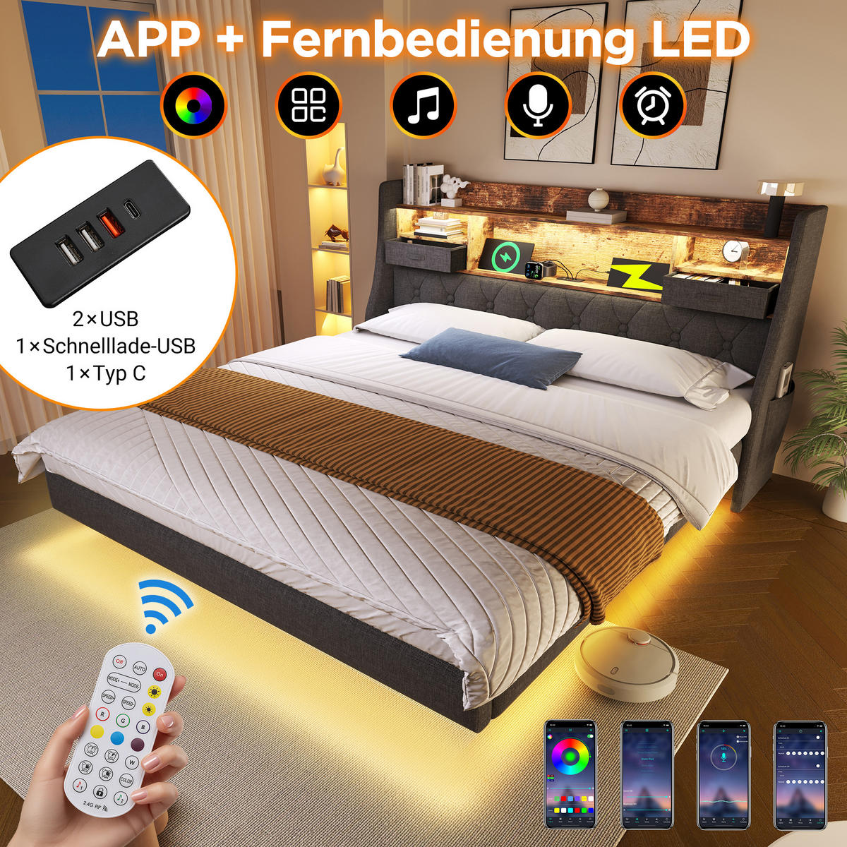 POLSTERBETT 160/200 cm mit LED-Beleuchtung, USB- und Type-C-Anschluss, Stauraum-Kopfteil und Matratze aus Leinen, Grau - Grau, Textil (160/200cm) - Redom
