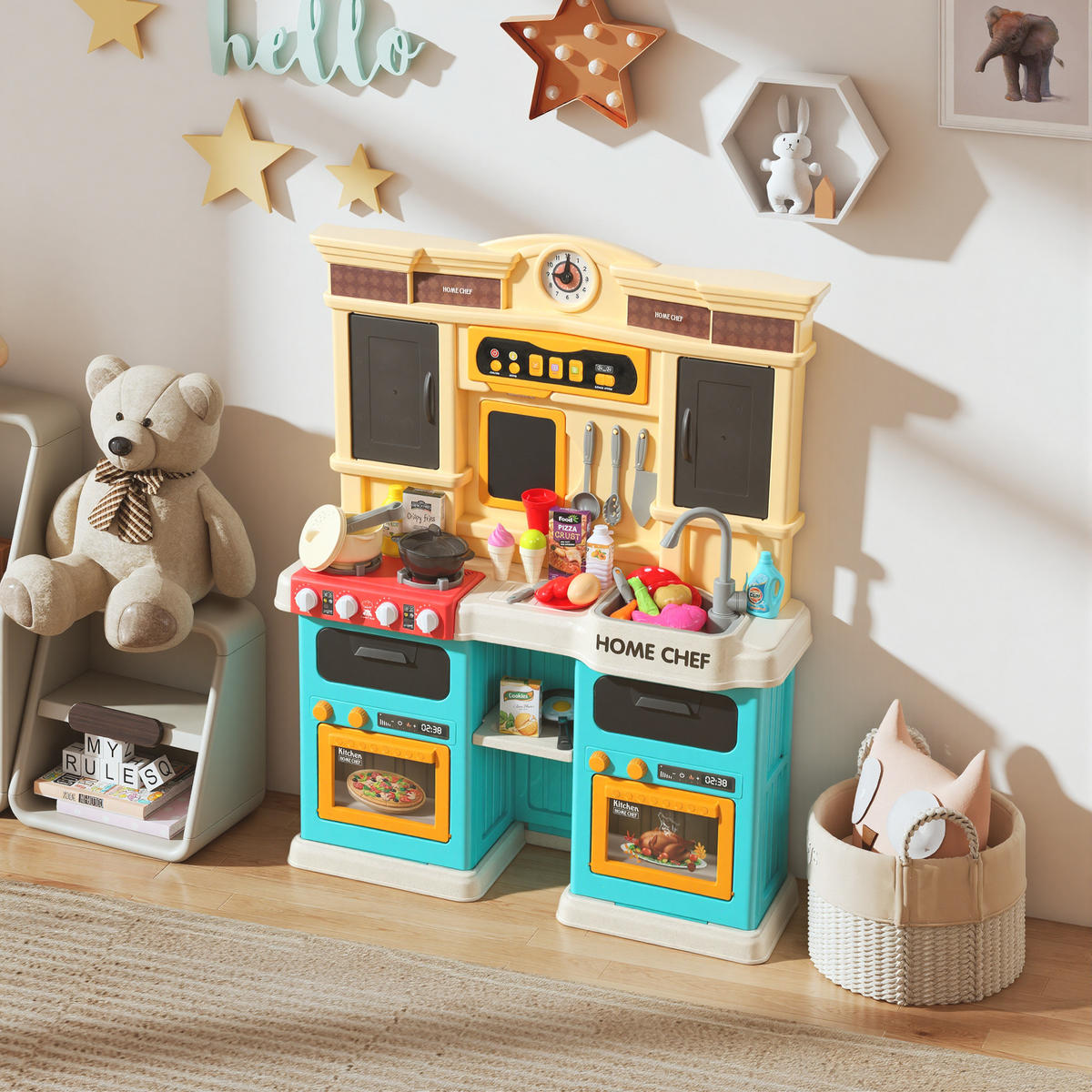 SPIELKÜCHE mit fließendem Wasser, 85-teiliges Zubehör, elektrischer Wasserhahn - Grün, Kunststoff (24/66cm) - AIYAPLAY