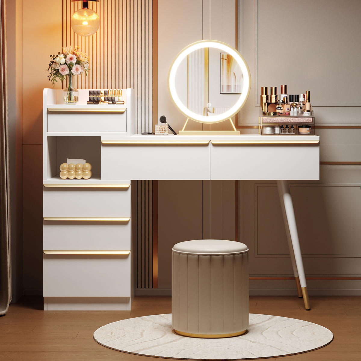 SCHMINKTISCH in Weiß Frisiertisch mit LED-Spiegel, ausziehbarer Tischplatte & 6 Schubladen, B100/T41.5/H102cm - Weiß, Holzwerkstoff/Metall (102/100/41.5cm) - STILVORA