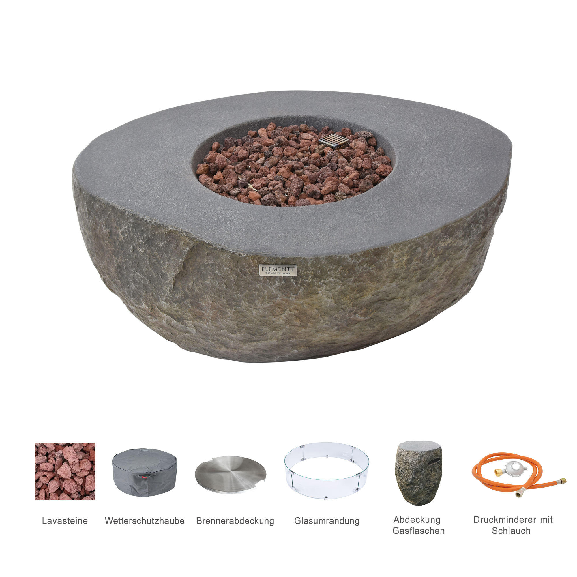 FEUERTISCH Boulder Gasfeuerstelle aus GF-Beton - 4-tlg. Set inkl. Glasumrandung, Brennerabdeckung und Gasflaschen-Abdeckung - Naturfarben, Naturmaterialien (89/41/110cm) - Elementi