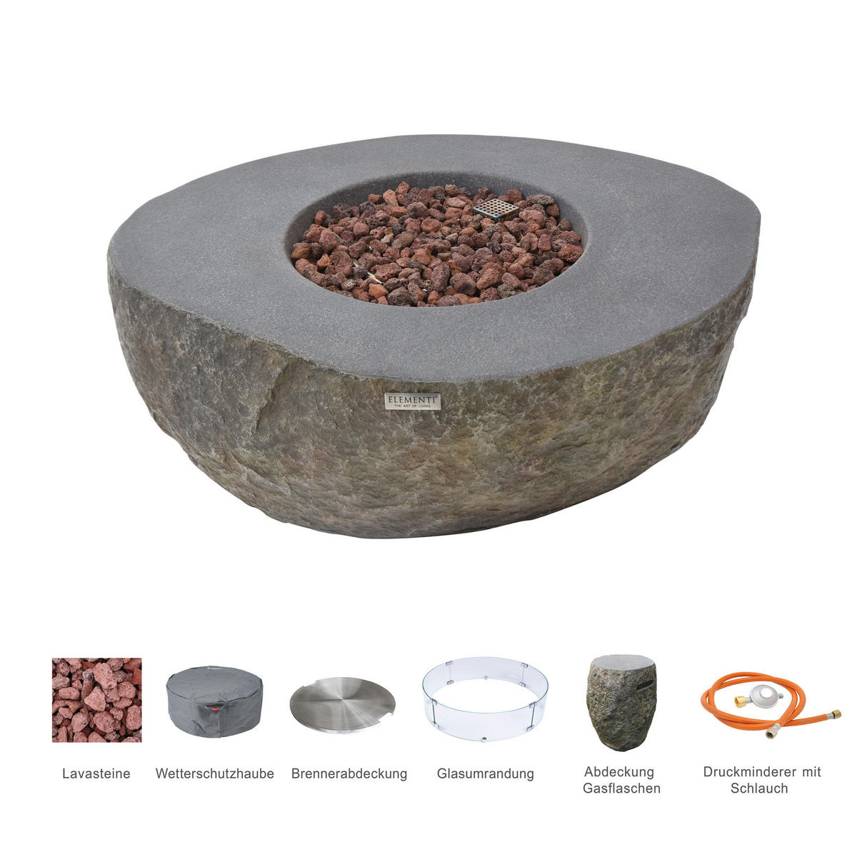 FEUERTISCH Boulder Gasfeuerstelle aus GF-Beton - 4-tlg. Set inkl. Glasumrandung, Brennerabdeckung und Gasflaschen-Abdeckung - Naturfarben, Naturmaterialien (89/41/110cm) - Elementi