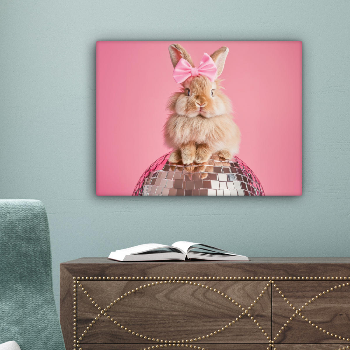 LEINWANDBILD Schleife - Discoball - Kaninchen Wandbild 40x30 cm - Pink, Textil (40/30cm) - MuchoWow