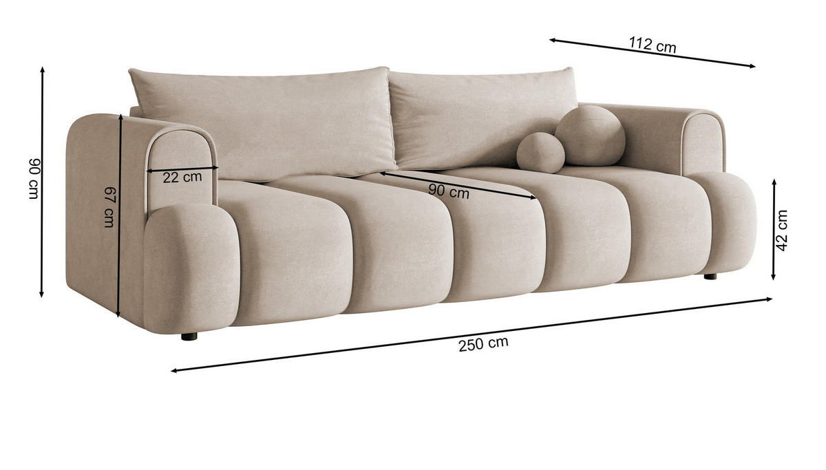 SCHLAFSOFA Dandelino Hellgrau Velours - Hellgrau/Schwarz, Kunststoff/Textil (250/90/112cm) - Selsey