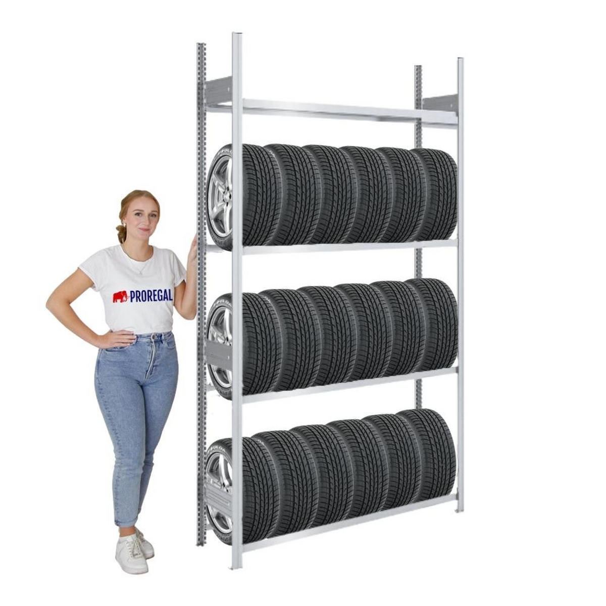 REIFENREGAL TIRE PRO 250x130x43cm 4 Ebenen 150kg Fachlast Bis zu 6 Reifen pro Ebene Verzinkt - Silberfarben, Metall (130/250/43cm) - PROREGAL