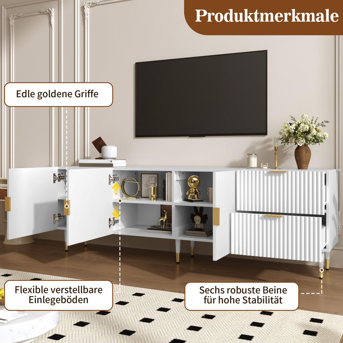 TV-SCHRANK mit Schubladen, goldenen Griffen und Beinen - Weiß, Holzwerkstoff (170/55/35.5cm) - FLIEKS