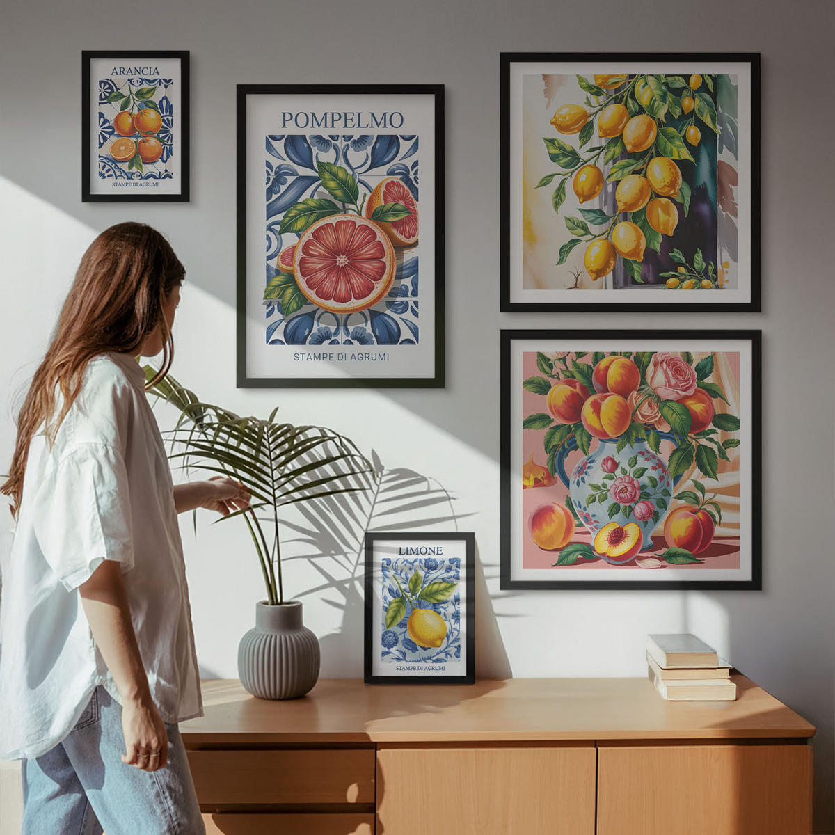 BILDER SET 5er Set - 50x50 cm & 20x30 cm & 40x60 cm Schwarzer Rahmen - Illustrationen von Zitrusfrüchten - Schwarz, Kunststoff (40/60cm) - TULUP