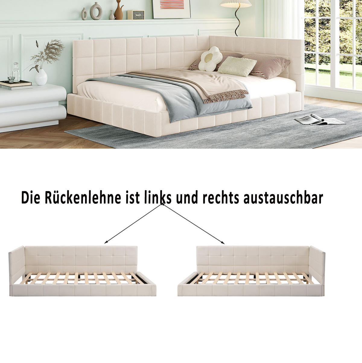 POLSTERBETT 140/200 cm Beige aus Stoff mit Lattenrost - Beige, Textil (140/200cm) - OKMYHOME