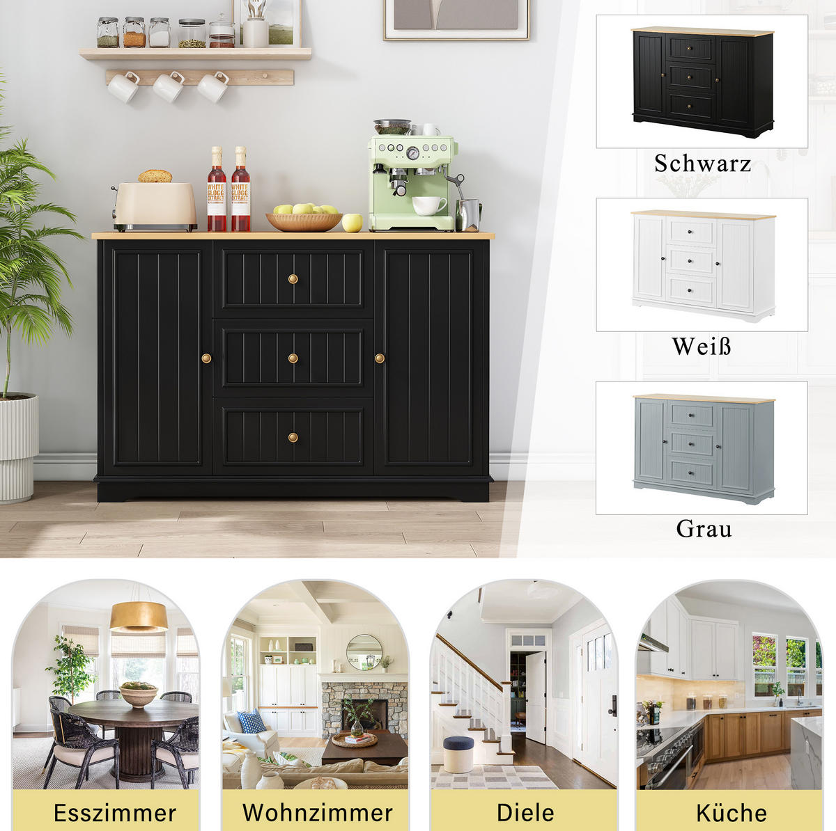 SIDEBOARD 126/40/86 cm Schwarz aus MDF mit 3 Schubladen und Türen - Schwarz, Holzwerkstoff (40/86/126cm) - OKWISH