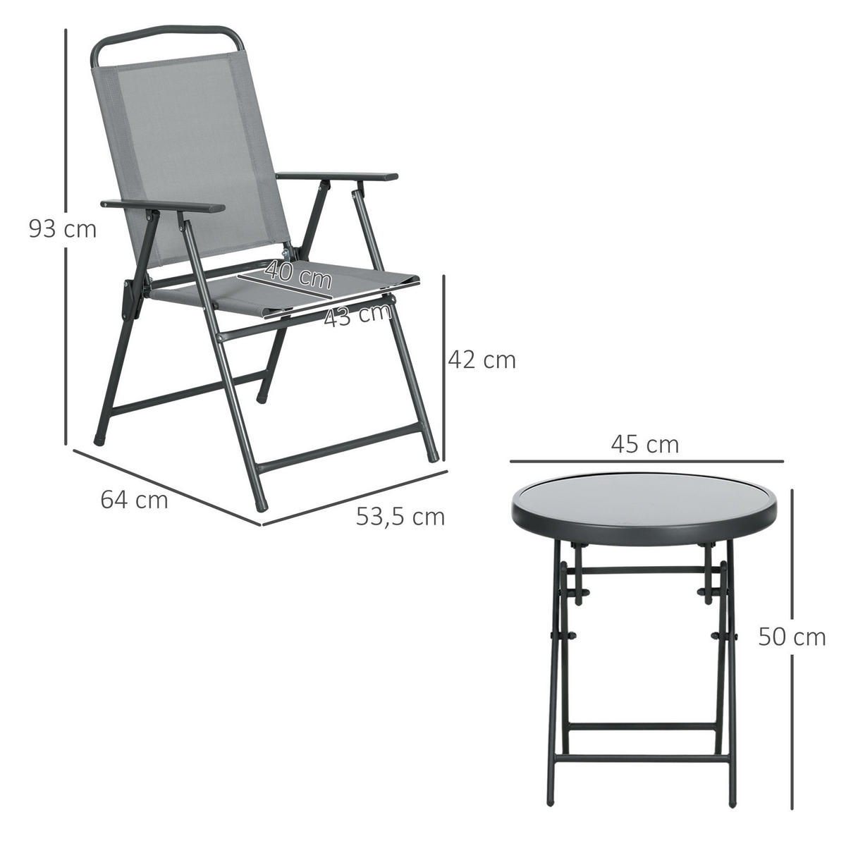 BISTRO-SET 3-teilig mit Klappfunktion, Stahlgestell und Glastisch, 53,5/64/93 cm, Hellgrau - Hellgrau, Metall - Redom