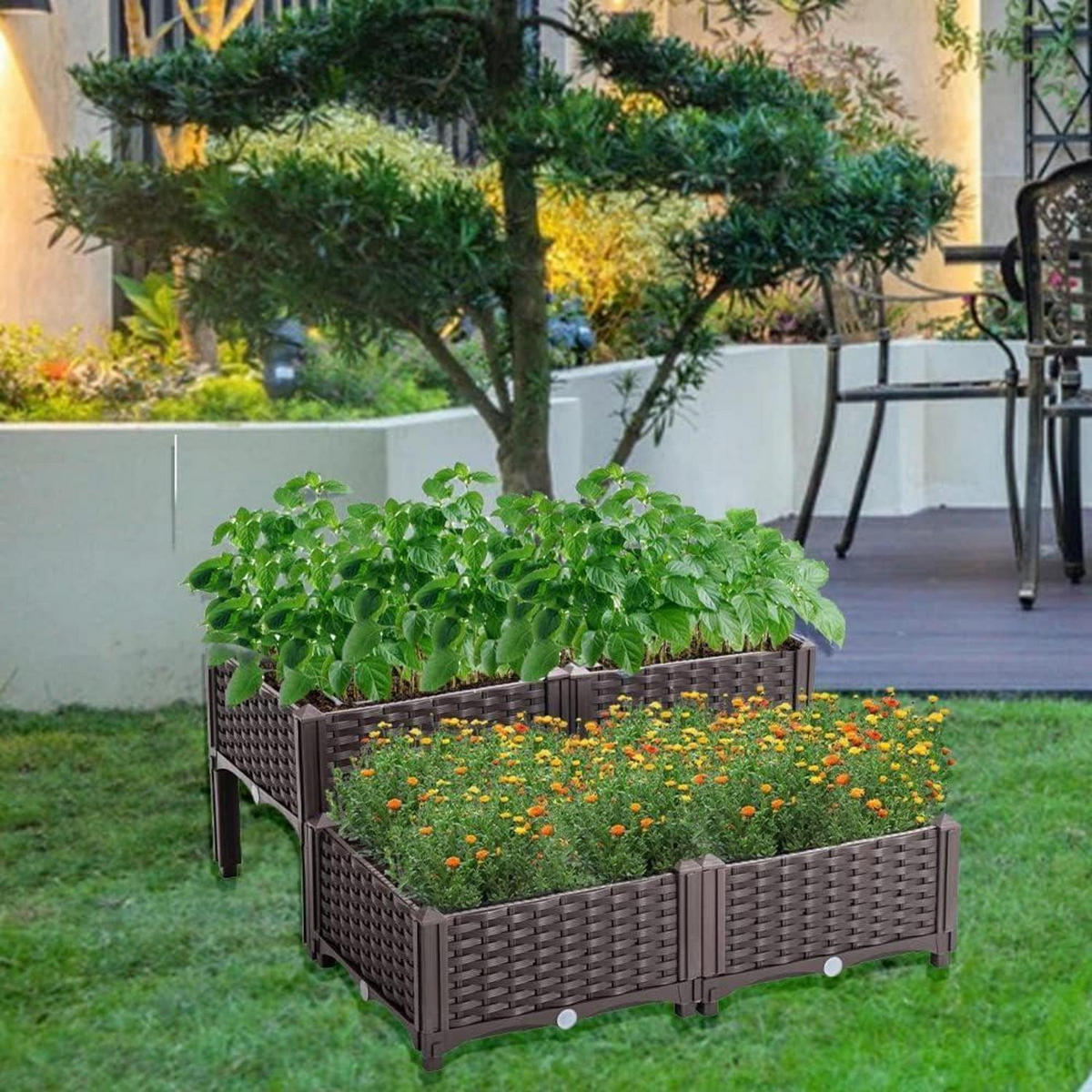 HOCHBEET Kunststoff-Rattan Braun 80 x 80 x 23-38 cm - Braun, Kunststoff (80/38/80cm)