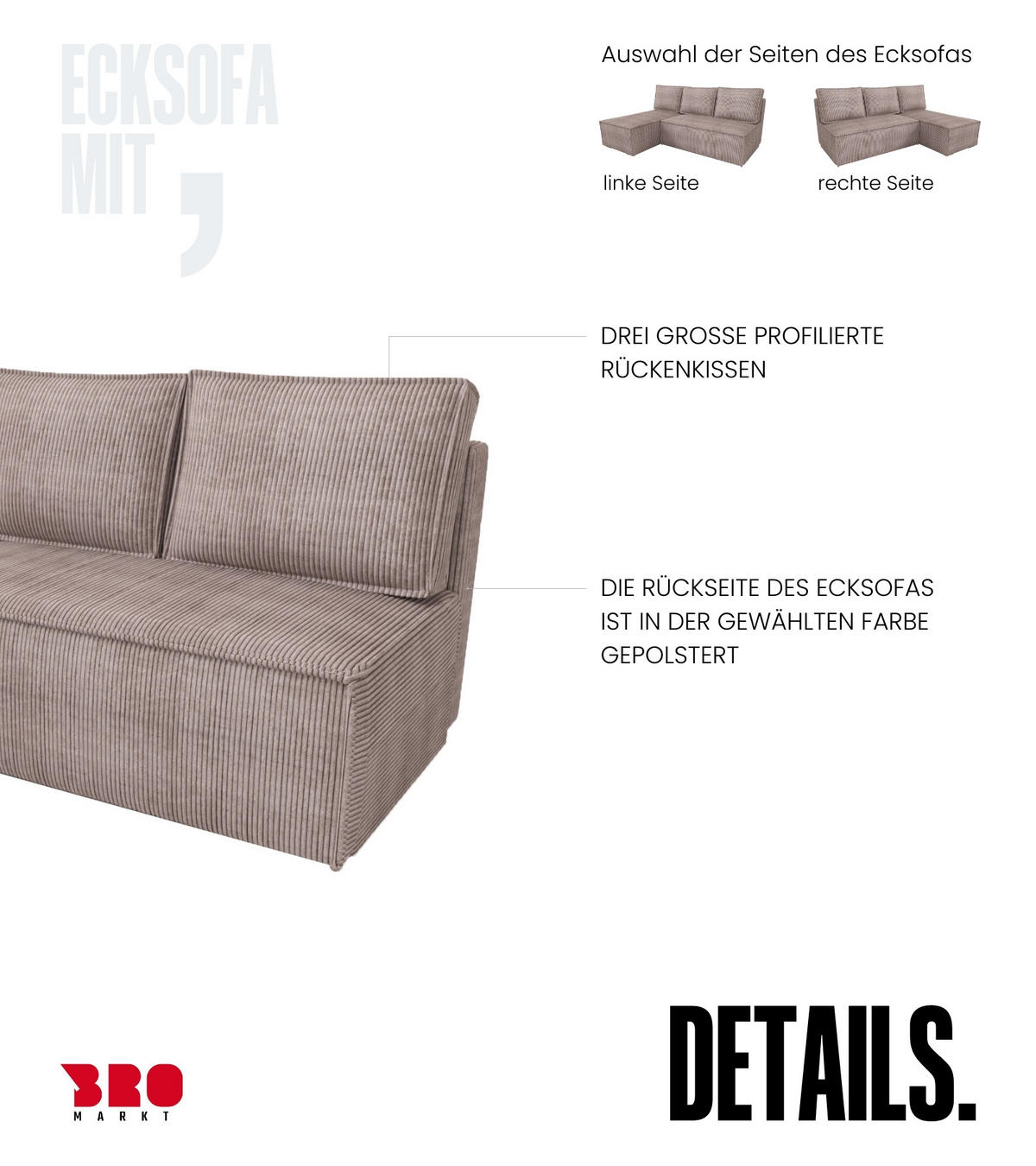 ECKSOFA Hector mit Schlaffunktion Puderrosa Cord - Rosa, Textil (200/141cm) - Bromarkt