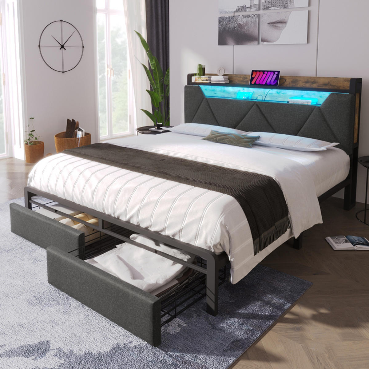 POLSTERBETT mit Stauraum und LED 140x200 cm Leinen Grau 2 Schubladen - Grau, Metall (140/200cm) - Meubliv