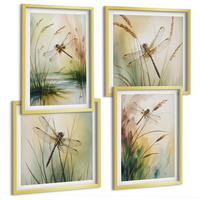 BILDER SET 4er Set - 50x50 cm & 40x60 cm Goldrahmen - Libellen im Gras, Wassermalerei - Goldfarben, Kunststoff (50/50cm) - TULUP