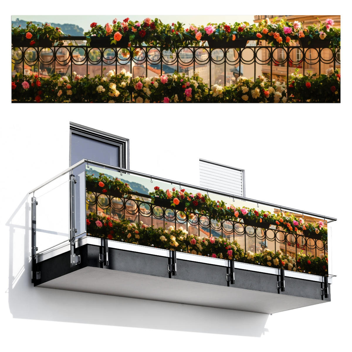 BALKON-SICHTSCHUTZ Blumen - Zaun - Stadtbild - Sommer - Pink, Kunststoff (300/80cm) - MuchoWow