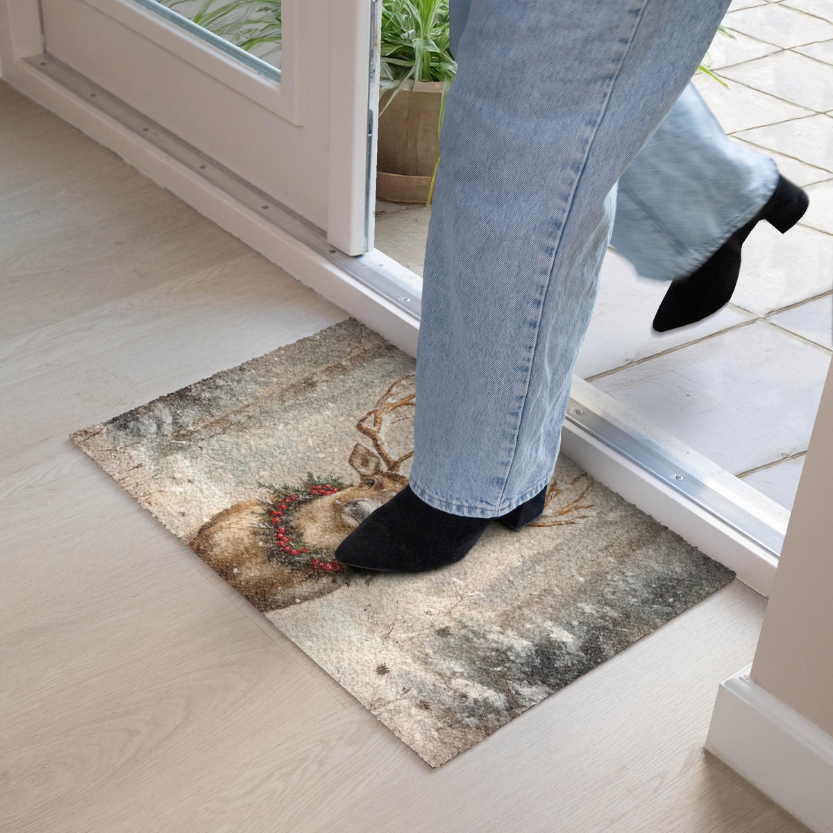 FUSSMATTE Weihnachten - Rentier - Winter - Kranz 60x40 cm - Braun, Kunststoff (60/0.4cm) - MuchoWow