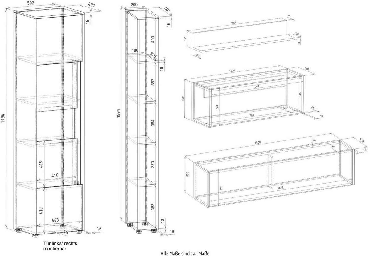 WOHNWAND grau matt, Eiche Wotan 340 cm, Schrankwand mit Sekretär - Eiche Wotan/Grau, Glas/Holzwerkstoff (340/200/40cm) - Furn.Design