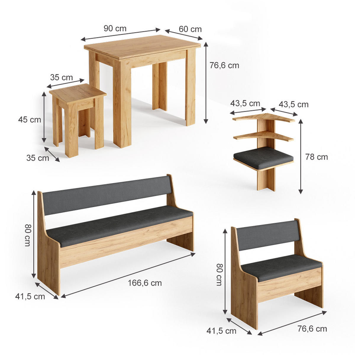 ECKBANKGRUPPE Roman Goldkraft Eiche 210 x 41.5 cm mit Tisch - Honigeiche/Anthrazit, Holzwerkstoff (210/80/120cm) - Vicco