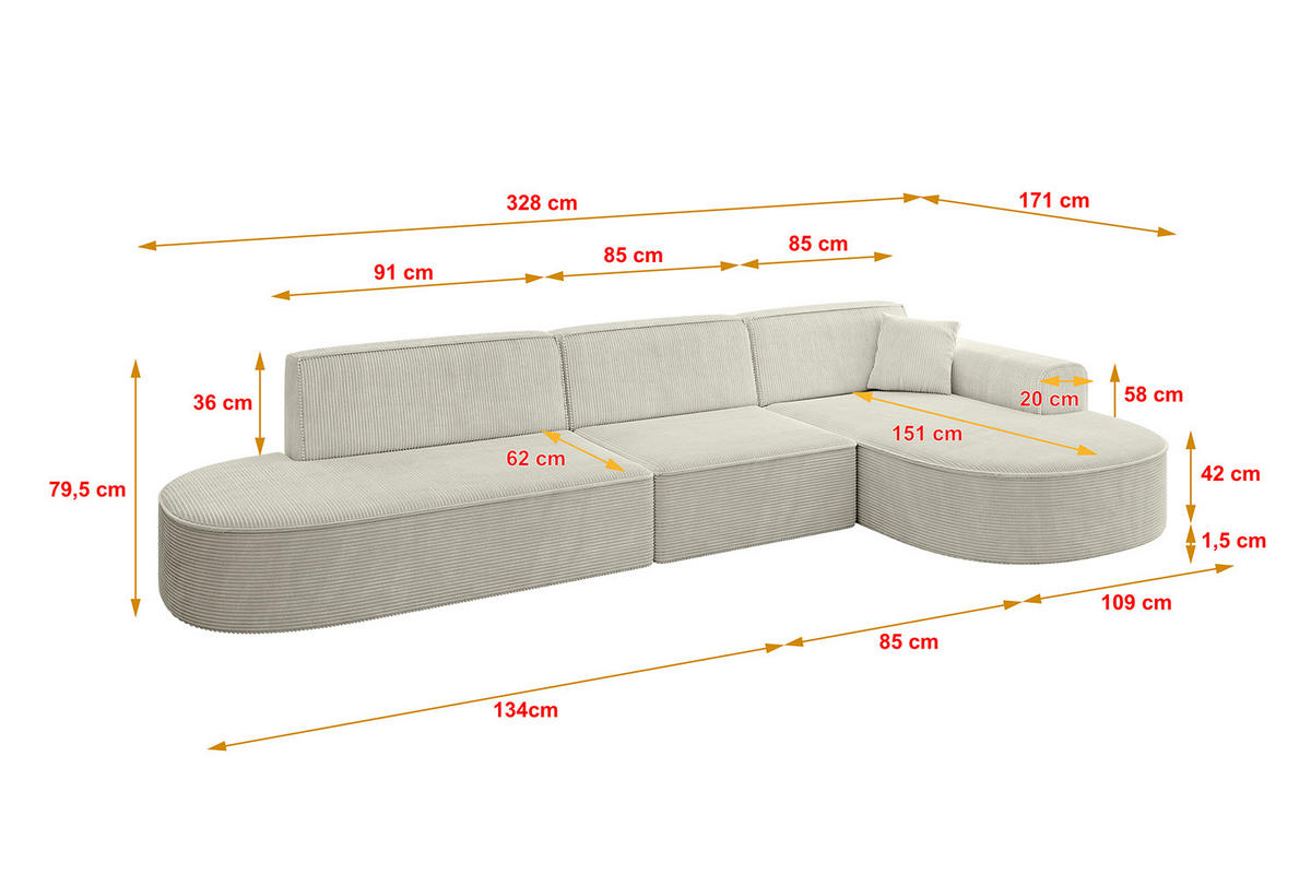 ECKSOFA Ottomane Rechts MARI-L2 - 328x171x79 cm Hellgrau Cord - Hellgrau/Schwarz, Holzwerkstoff/Kunststoff (171/328cm) - ALTDECOR