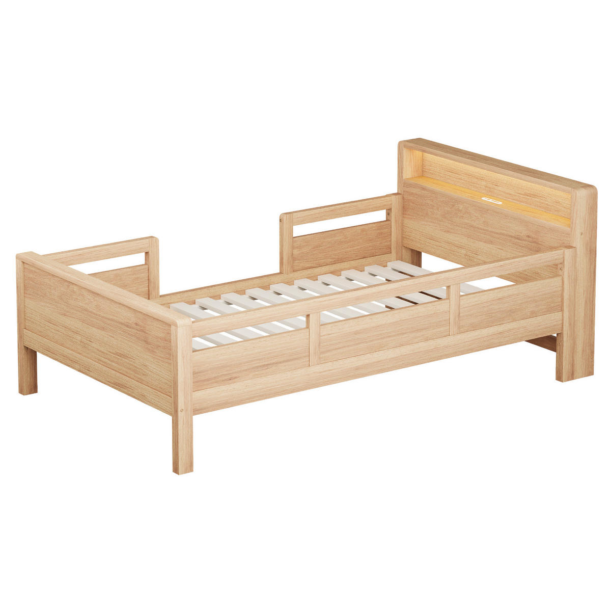 KINDERBETT 90/200 cm mit LED-Leuchte, USB- und Type-C-Anschluss, Kopfteil mit Ablage und Seitengittern, farbe - Naturfarben, Holzwerkstoff (90/200cm) - Redom