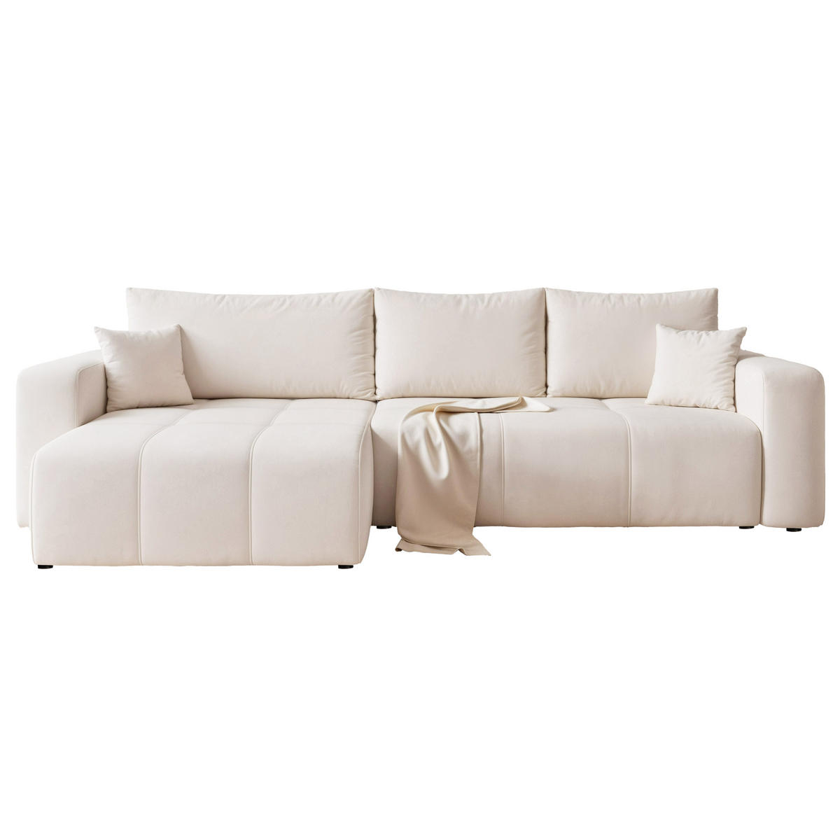 ECKSOFA XL Velours mit Bettkasten und Schlaffunktion - Creme, Holzwerkstoff/Textil (278/145cm) - Idohome