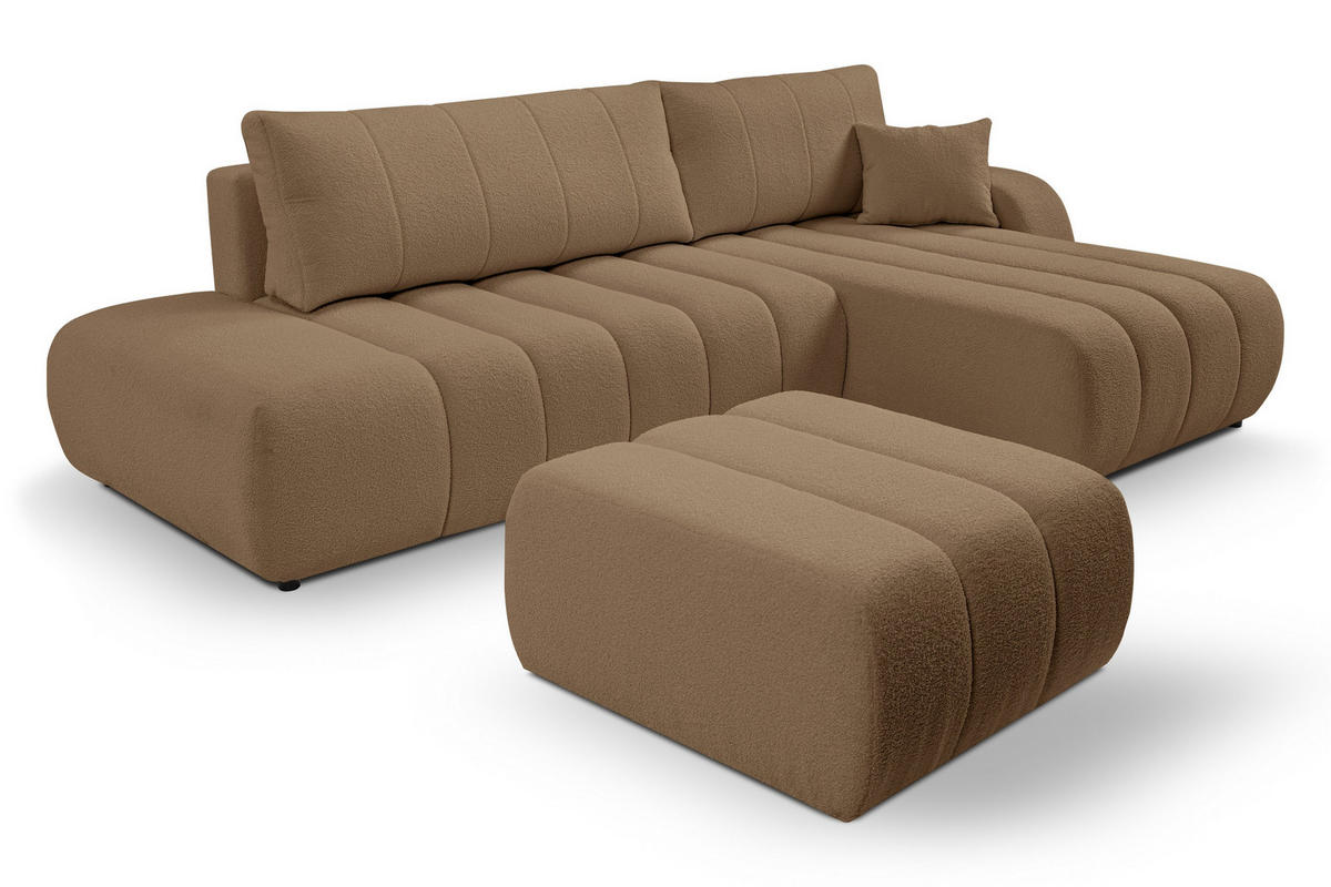 ECKSOFA GIOIA R-S Braun Boucle-Stoff mit Schlaffunktion - Braun, Holz (276/176cm) - MASSENO
