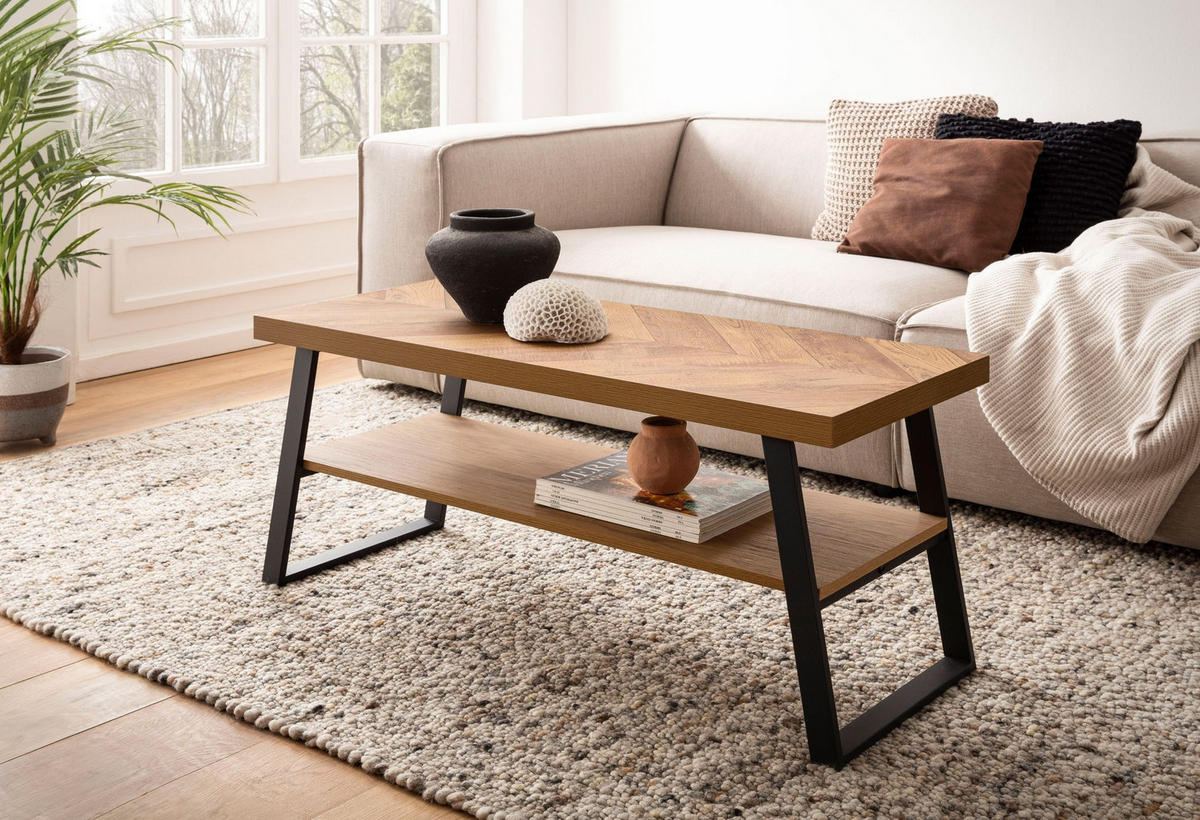 COUCHTISCH Braun Fischgrät-Muster 100x40x41cm mit Ablage und Metallgestell - Schwarz/Braun, Holz/Metall (40/100/41cm) - KADIMA DESIGN
