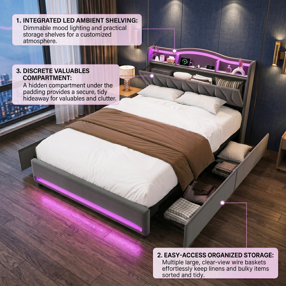 POLSTERBETT Geometrisch 140/200 cm mit 4 Schubladen & App-LED Samtoptik Grau - Grau, Textil (140/200cm) - Creahappy