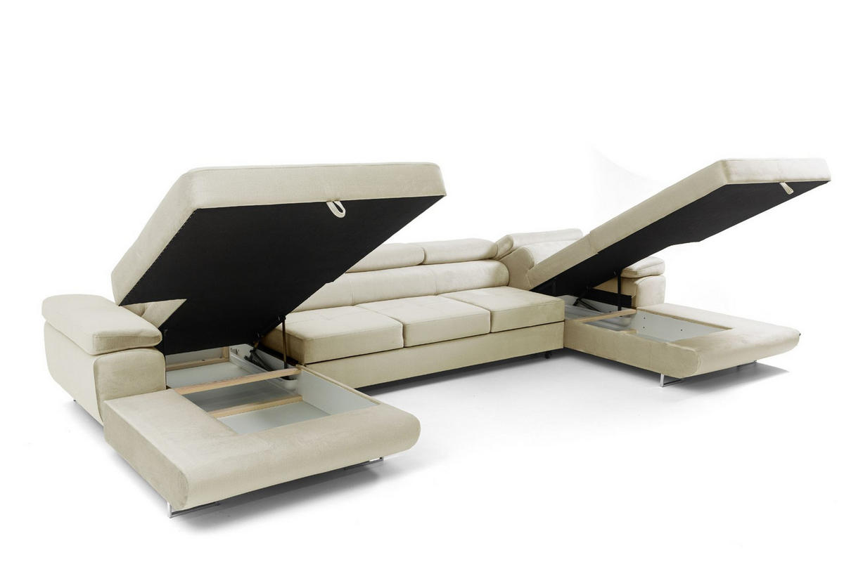 ECKSOFA U-Form ALONZO MAXI U mit Schlaffunktion 125x318 Velours Beige - Beige/Silberfarben, Holz/Textil (400/90/203cm) - Muffo