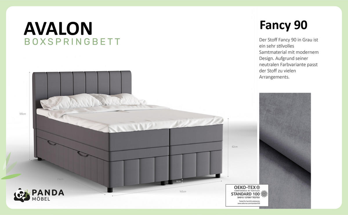 BOXBETT AVALON 140 x 200 cm mit Bettkasten und Topper - Dunkelgrau - Dunkelgrau, Holz - Panda Möbel