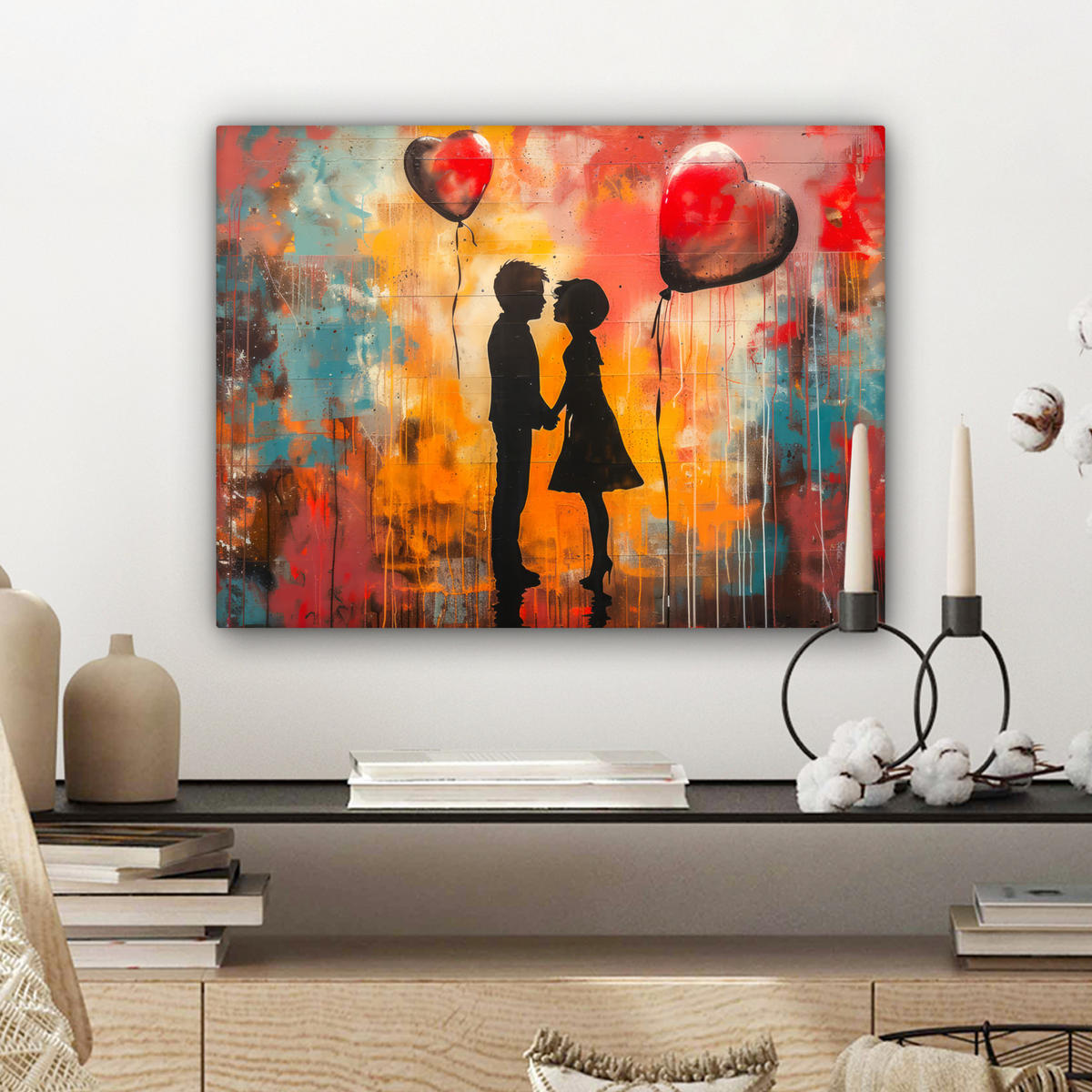 LEINWANDBILD Straßenkunst - Liebe - Graffiti - Kunst - Banksy Wandbild 40x30 cm - Orange, Textil (40/30cm) - MuchoWow