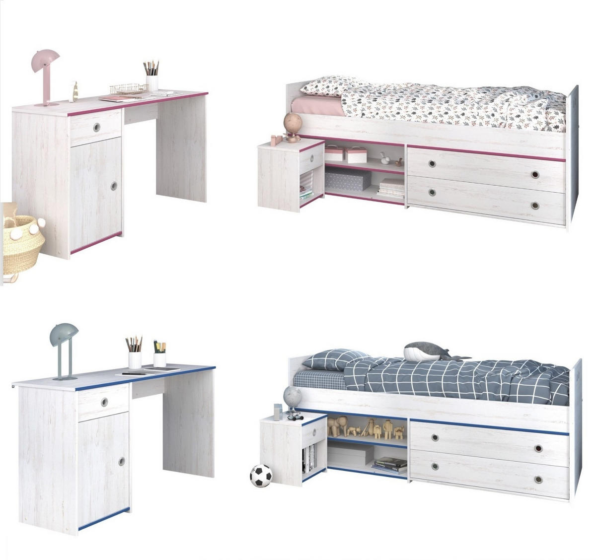 JUGENDZIMMER Set Stauraumbett 90 x 200 Schreibtisch Nachttisch - Silberfarben/Weiß, Holzwerkstoff/Kunststoff (98/80/207cm) - Parisot Meuble