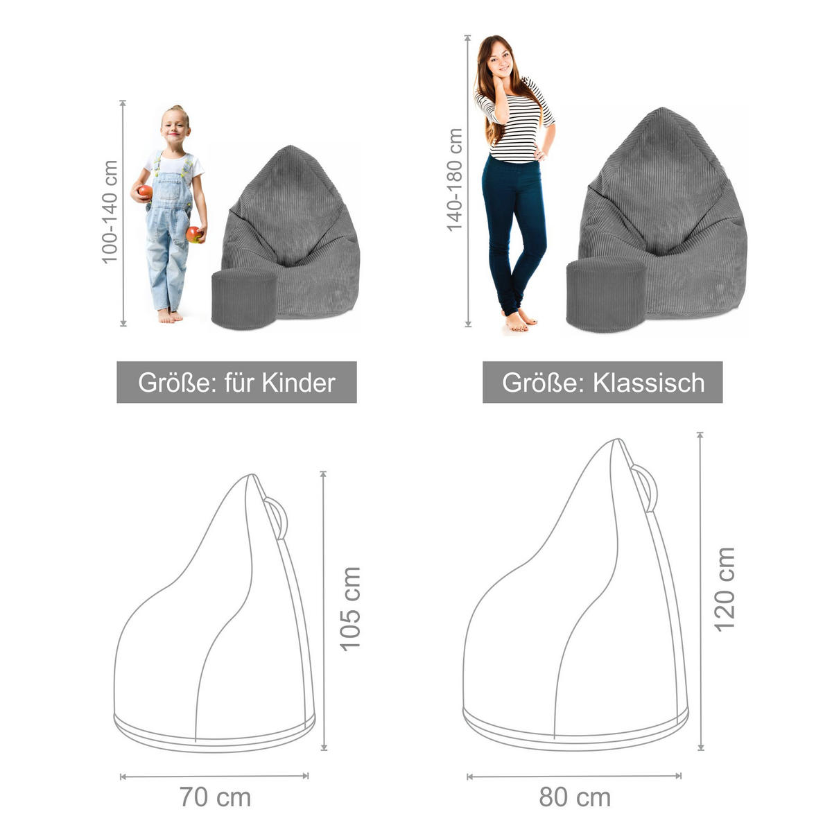 SITZSACK MIT FUßSTÜTZE Kordsamt 2-tlg Frost Gray S - Grau, Textil (70/105/70cm) - Dreamroots