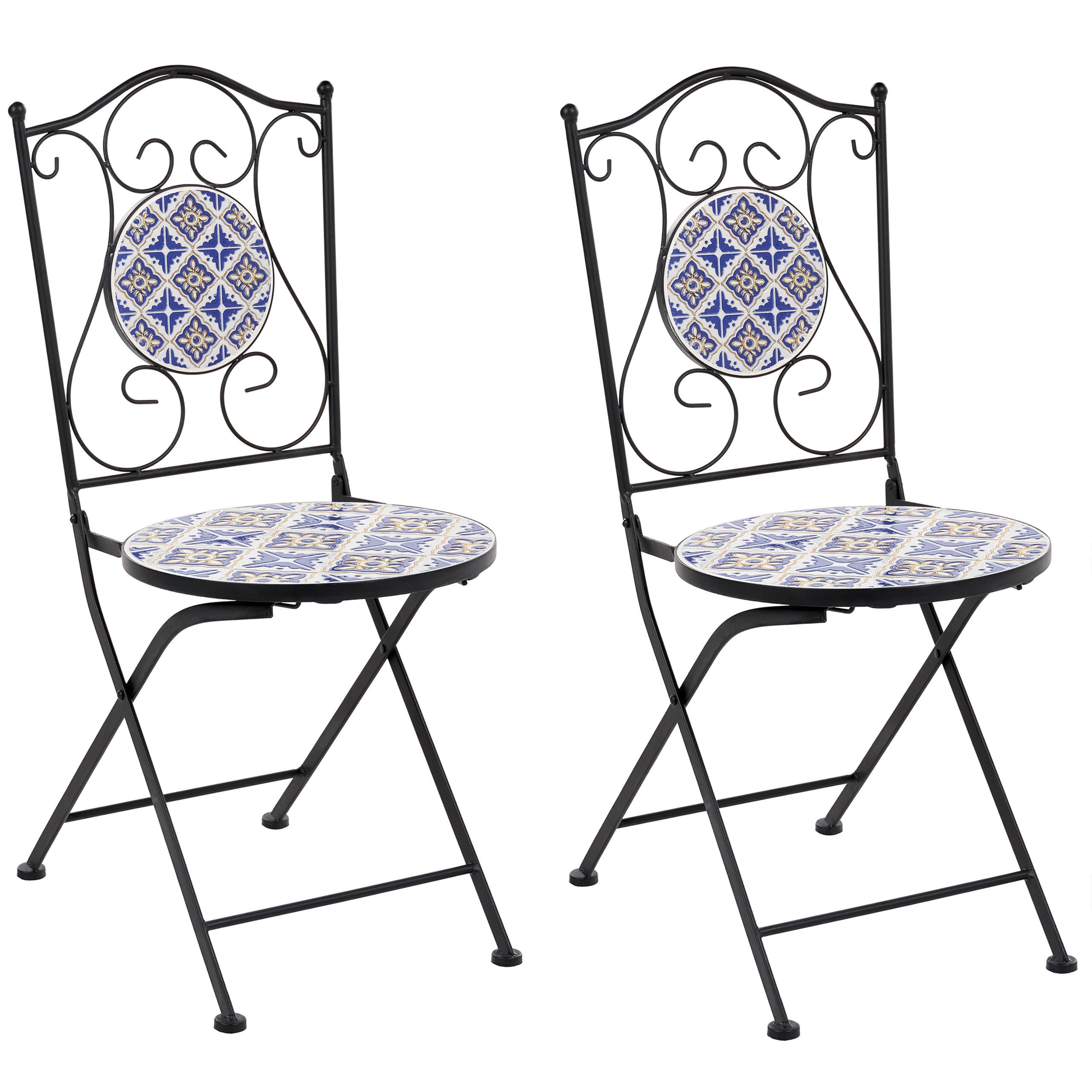 GARTENSTUHL 2er Set klappbar Metall Weiß/Blau Siponto - Blau/Schwarz, Metall (40/90/44cm) - Beliani