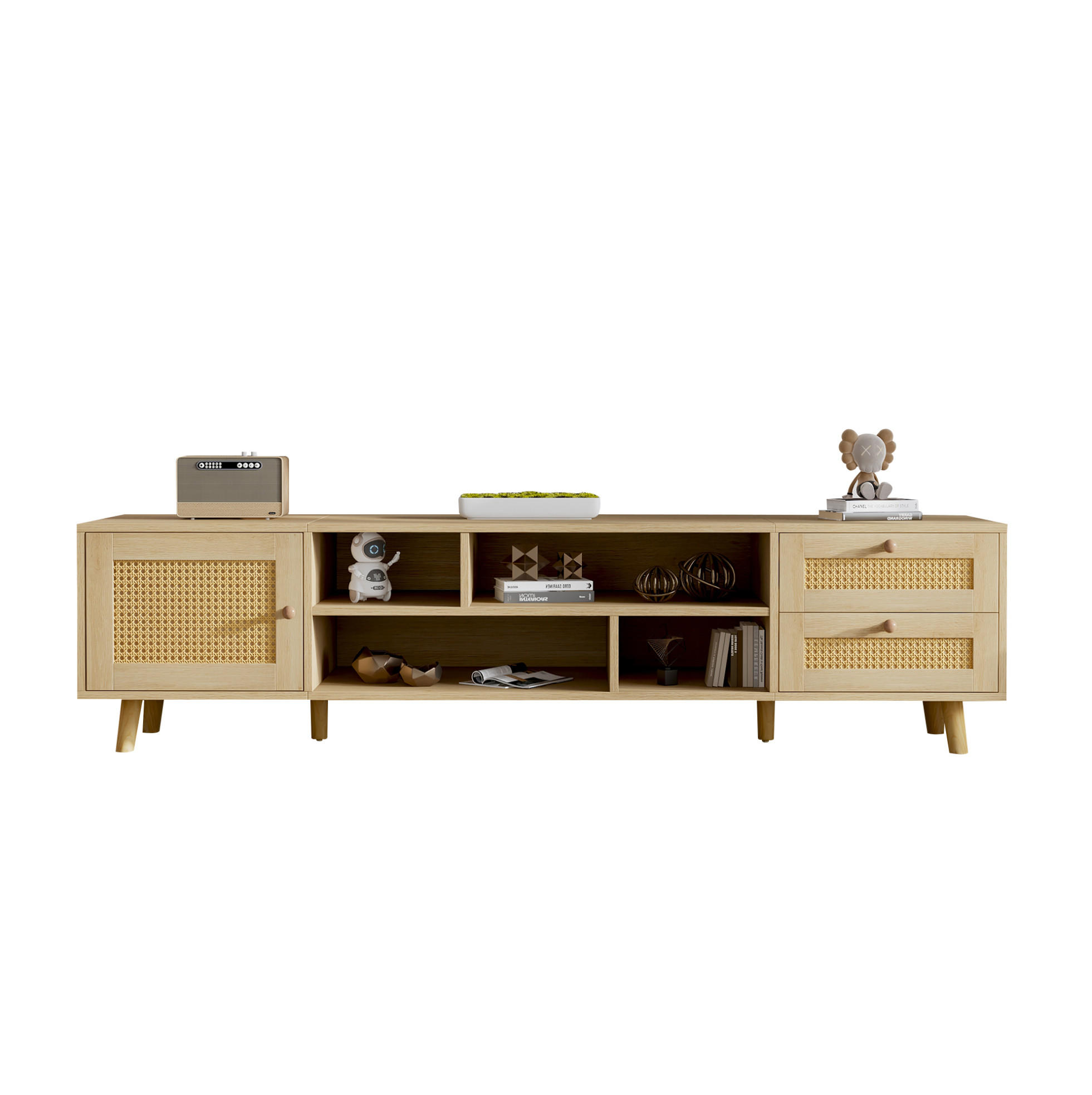 TV-SCHRANK aus Spanplatte und Rattan 160x39x40,5 cm Eichefarben mit Kabelmanagement, 2 Schubladen und höhenverstellbaren Füßen - Naturfarben, Holzwerkstoff (160/40/39cm) - Modfu