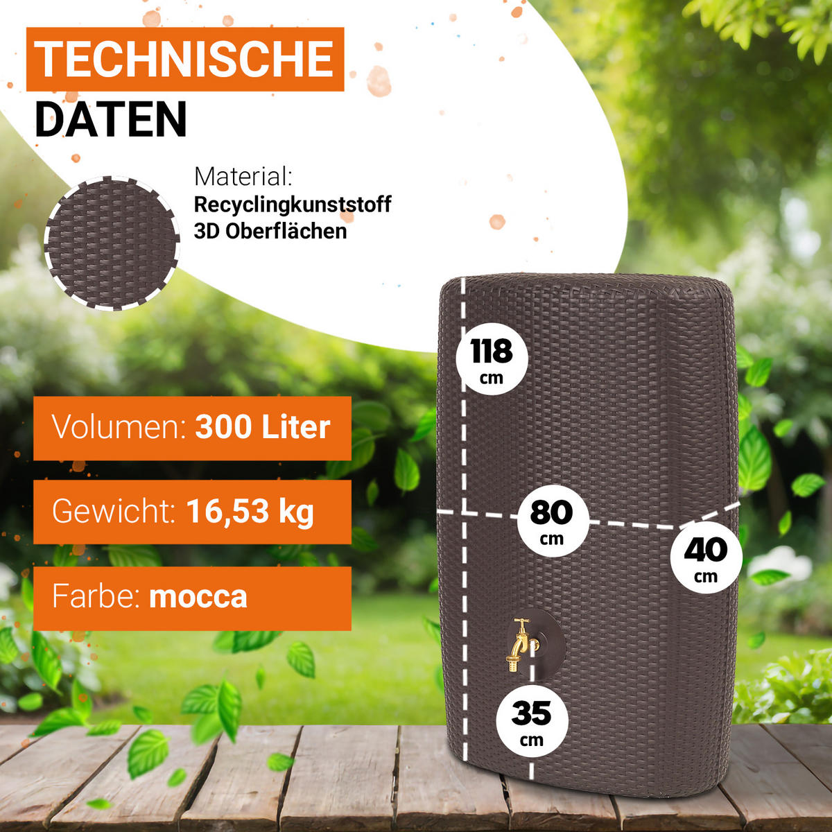WANDTANK Komplett-Set 300 L mocca inkl. Messing-Auslaufhahn und Fallrohranschluss - Mokka, Kunststoff (40/118/80cm) - GARANTIA