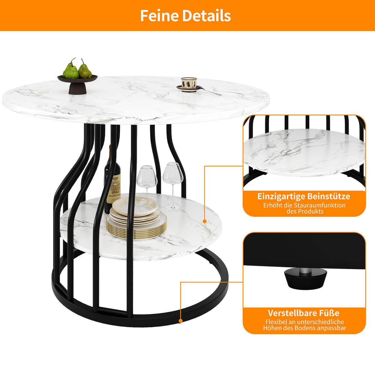 ESSTISCH 80/80/76 cm Schwarz mit Stauraum MDF-Tisch mit Marmoroptik - Schwarz, Holzwerkstoff (80/80/76cm) - OKWISH